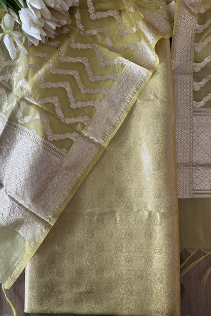 Green Banarasi Brocade Silk Suit With Yellow Banarasi Organza Dupatta - Luxurion World