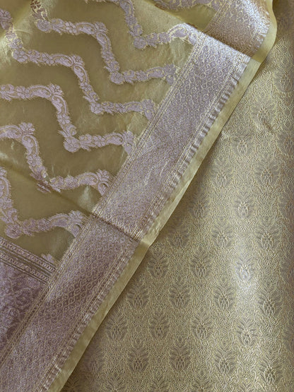 Green Banarasi Brocade Silk Suit With Yellow Banarasi Organza Dupatta - Luxurion World