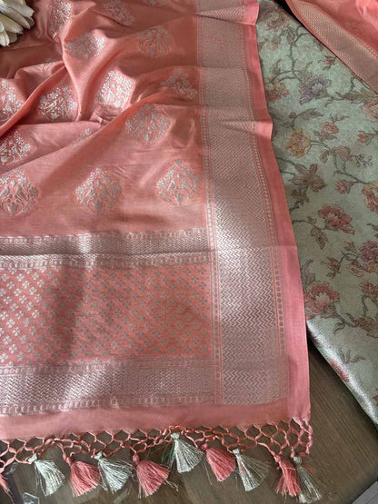 Stunning Green Digital Printed Tissue Organza Suit With Peach Banarasi Silk Dupatta - Luxurion World