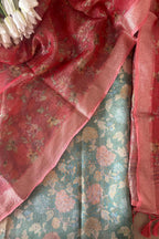 Green Digital Printed Tissue Organza Suit With Peach Pink Digital Printed Crushed Tissue Floral Design Dupatta - Luxurion World
