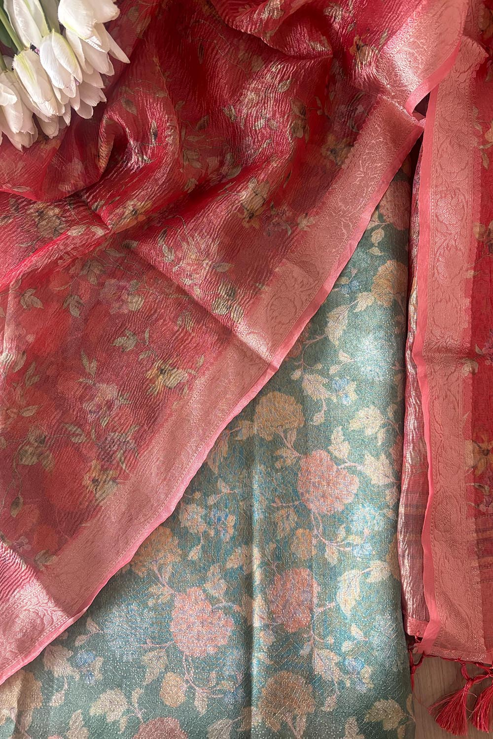 Green Digital Printed Tissue Organza Suit With Peach Pink Digital Printed Crushed Tissue Floral Design Dupatta - Luxurion World