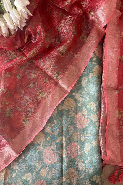 Green Digital Printed Tissue Organza Suit With Peach Pink Digital Printed Crushed Tissue Floral Design Dupatta - Luxurion World