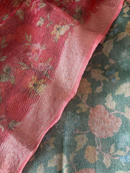 Green Digital Printed Tissue Organza Suit With Peach Pink Digital Printed Crushed Tissue Floral Design Dupatta - Luxurion World