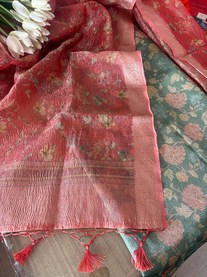 Green Digital Printed Tissue Organza Suit With Peach Pink Digital Printed Crushed Tissue Floral Design Dupatta - Luxurion World
