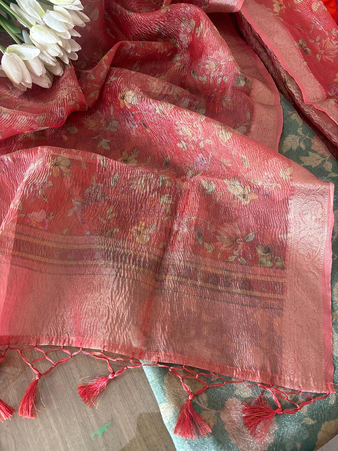 Green Digital Printed Tissue Organza Suit With Peach Pink Digital Printed Crushed Tissue Floral Design Dupatta - Luxurion World