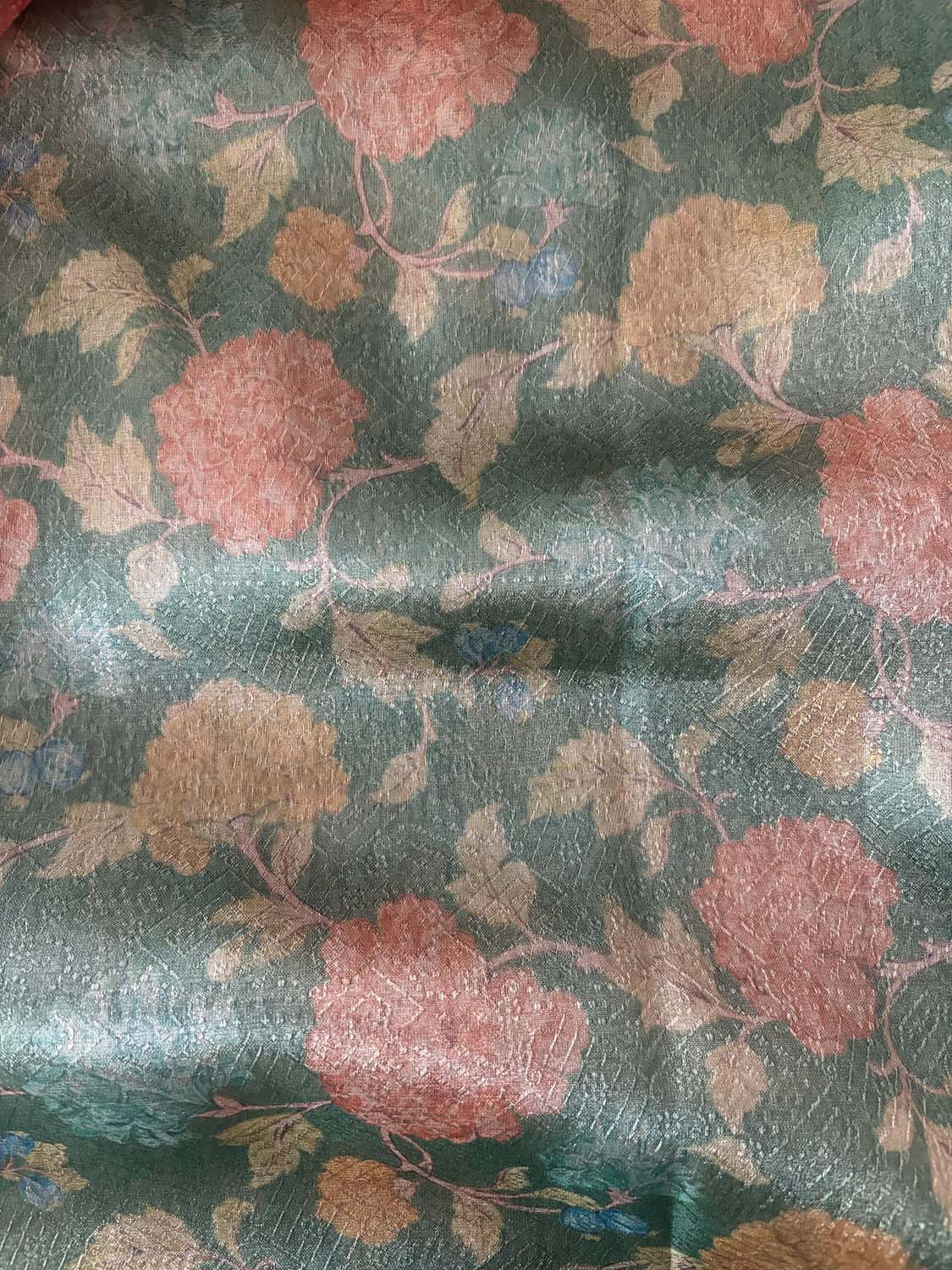 Green Digital Printed Tissue Organza Suit With Peach Pink Digital Printed Crushed Tissue Floral Design Dupatta - Luxurion World