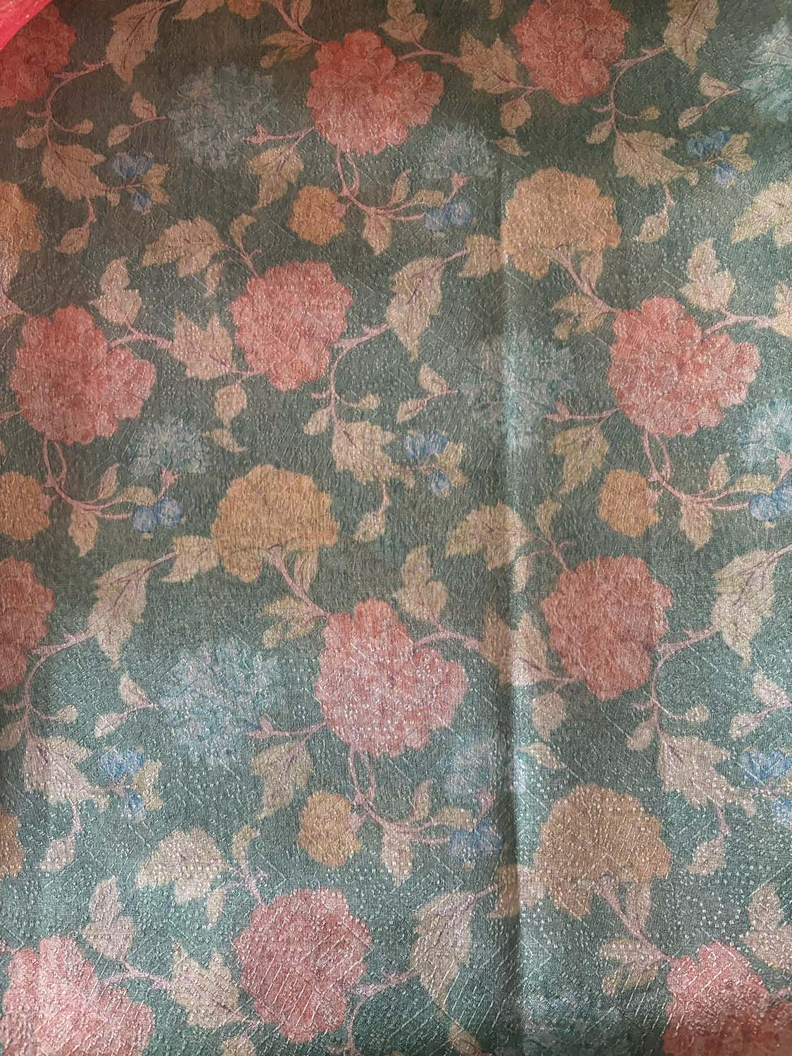 Green Digital Printed Tissue Organza Suit With Peach Pink Digital Printed Crushed Tissue Floral Design Dupatta - Luxurion World