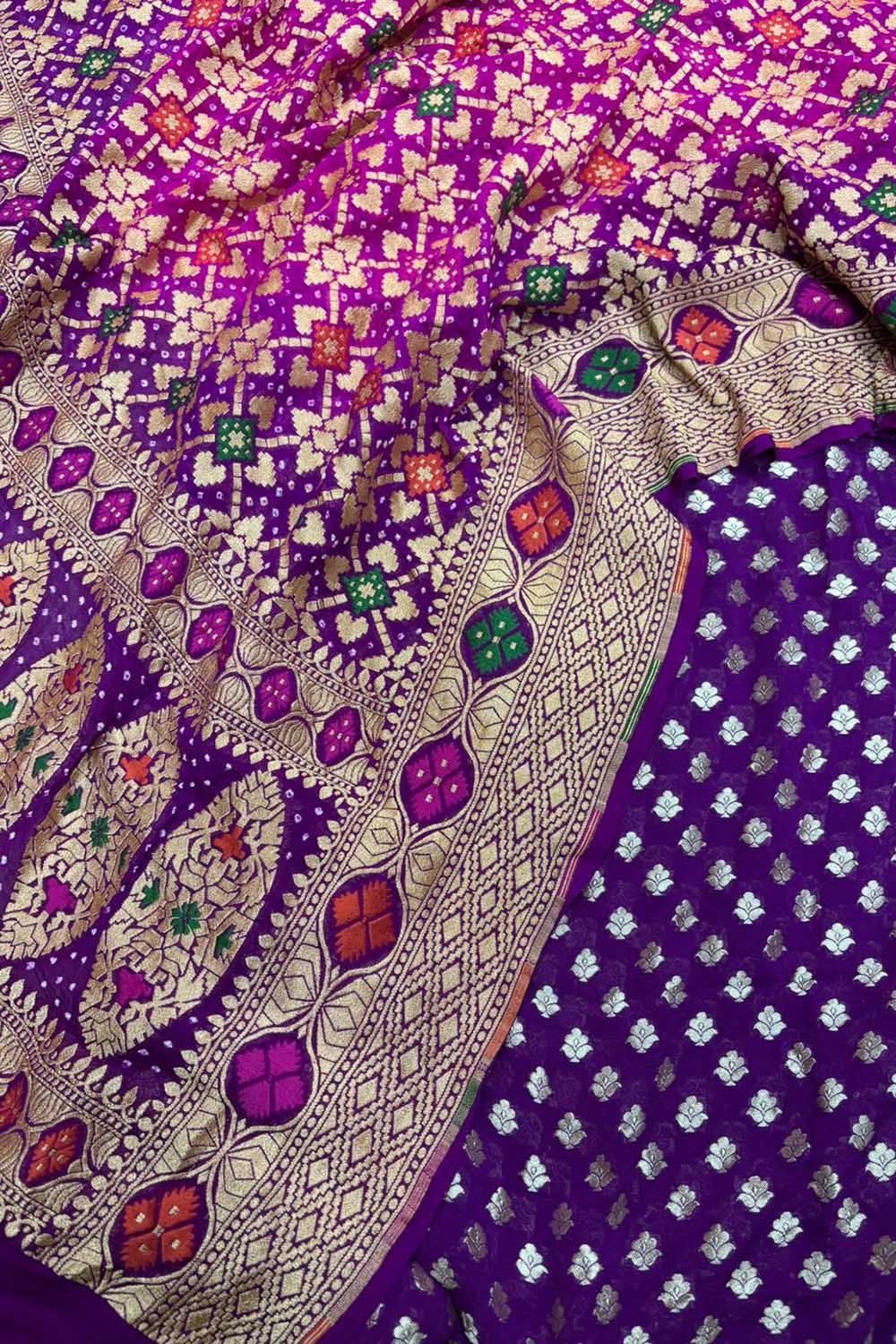 Stunning Purple Banarasi Pure Georgette Suit With Pink And Purple Banarasi Bandhani Pure Georgette Meenakari Dupatta - Luxurion World