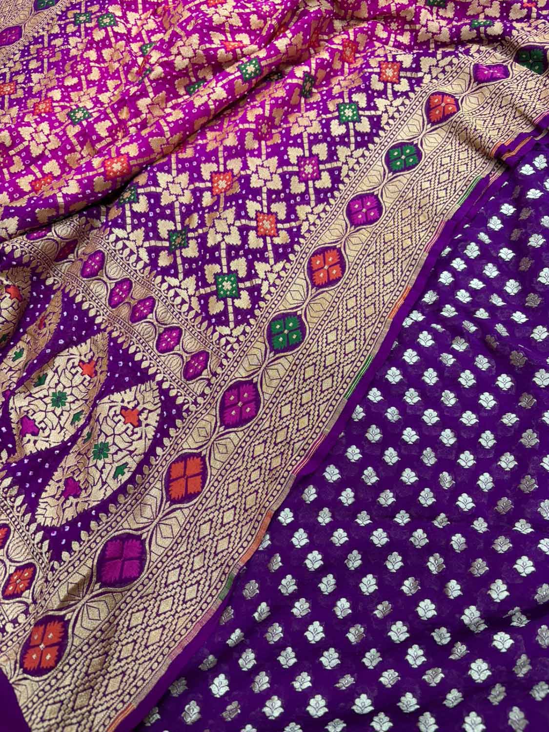 Stunning Purple Banarasi Pure Georgette Suit With Pink And Purple Banarasi Bandhani Pure Georgette Meenakari Dupatta - Luxurion World