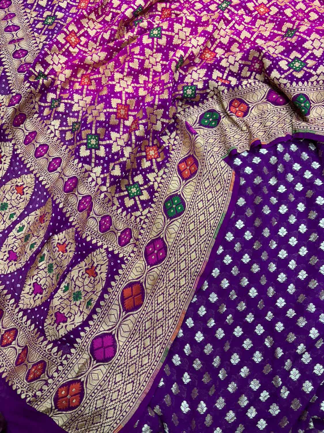 Stunning Purple Banarasi Pure Georgette Suit With Pink And Purple Banarasi Bandhani Pure Georgette Meenakari Dupatta - Luxurion World