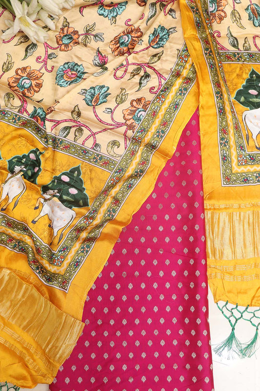 Pink Banarasi Silk Small Booti Design Suit With Yellow Digital Printed Floral And Pichwai Design Modal Silk Dupatta - Luxurion World