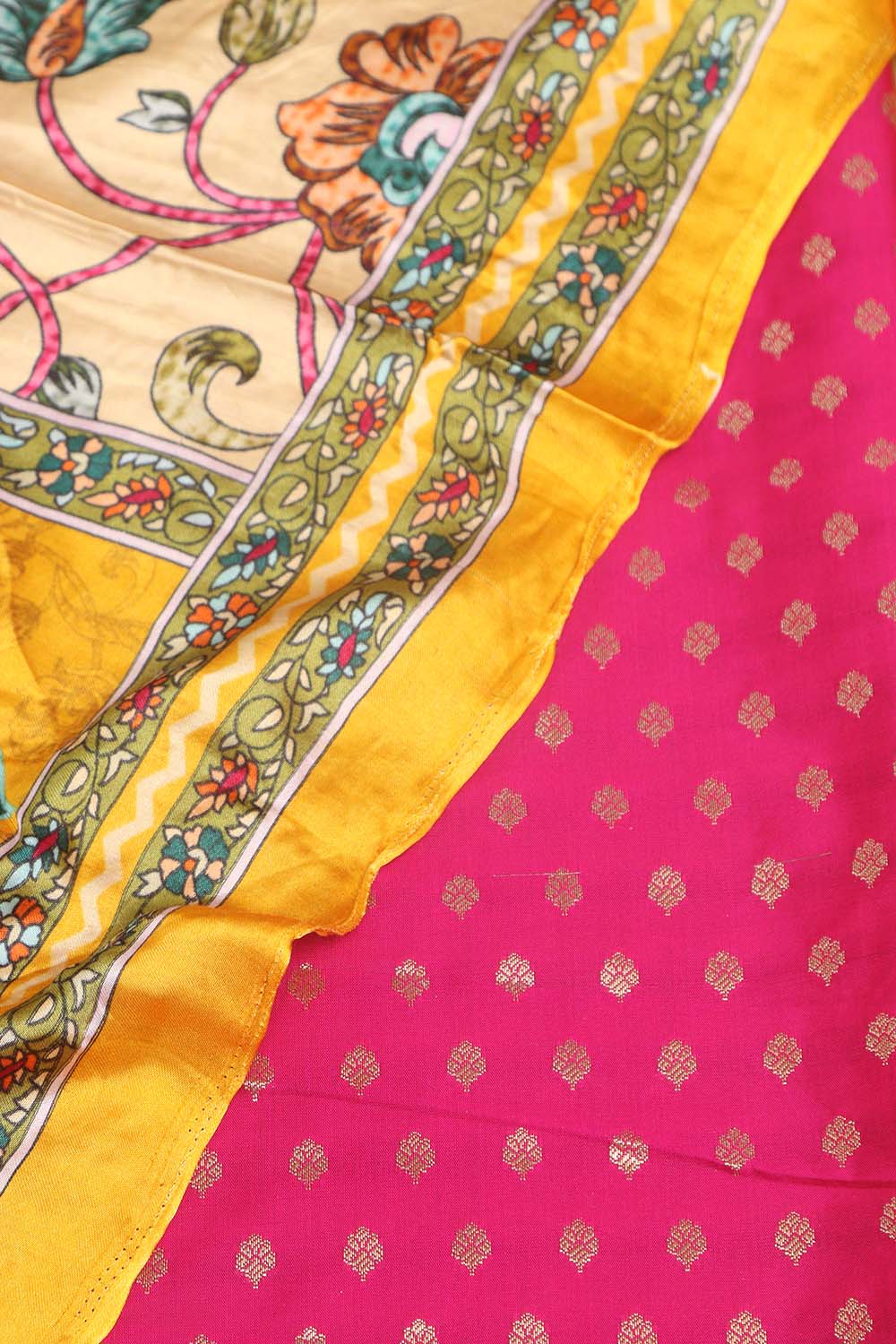 Pink Banarasi Silk Small Booti Design Suit With Yellow Digital Printed Floral And Pichwai Design Modal Silk Dupatta - Luxurion World