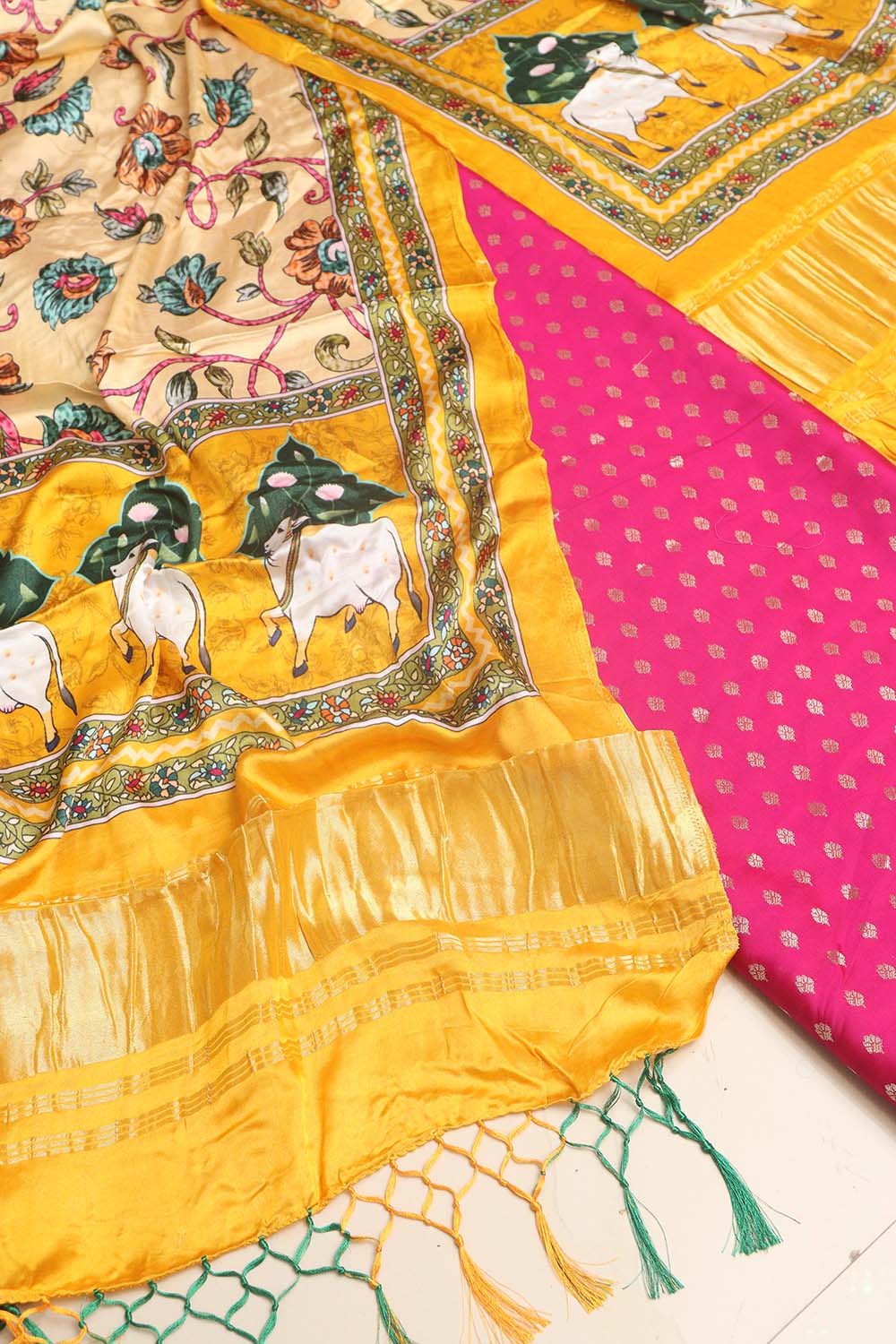 Pink Banarasi Silk Small Booti Design Suit With Yellow Digital Printed Floral And Pichwai Design Modal Silk Dupatta - Luxurion World