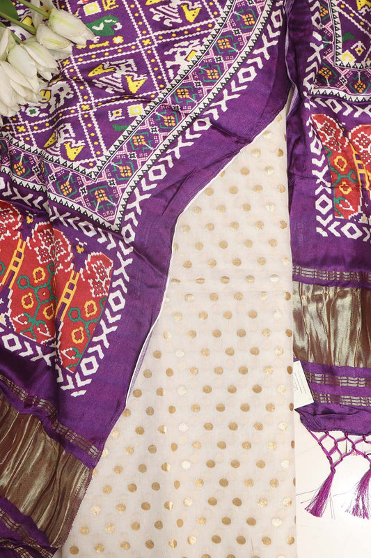 Dyeable Banarasi Chanderi Silk Polka Dots Suit With Purple Digital Printed Patola Design Modal Silk Dupatta - Luxurion World