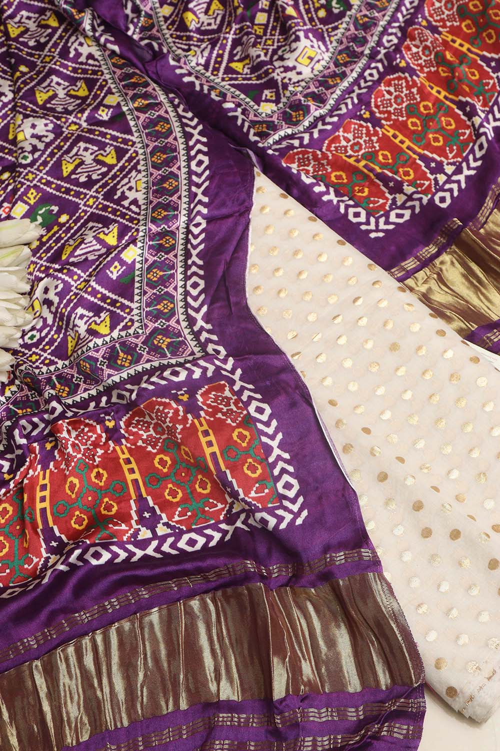 Dyeable Banarasi Chanderi Silk Polka Dots Suit With Purple Digital Printed Patola Design Modal Silk Dupatta - Luxurion World