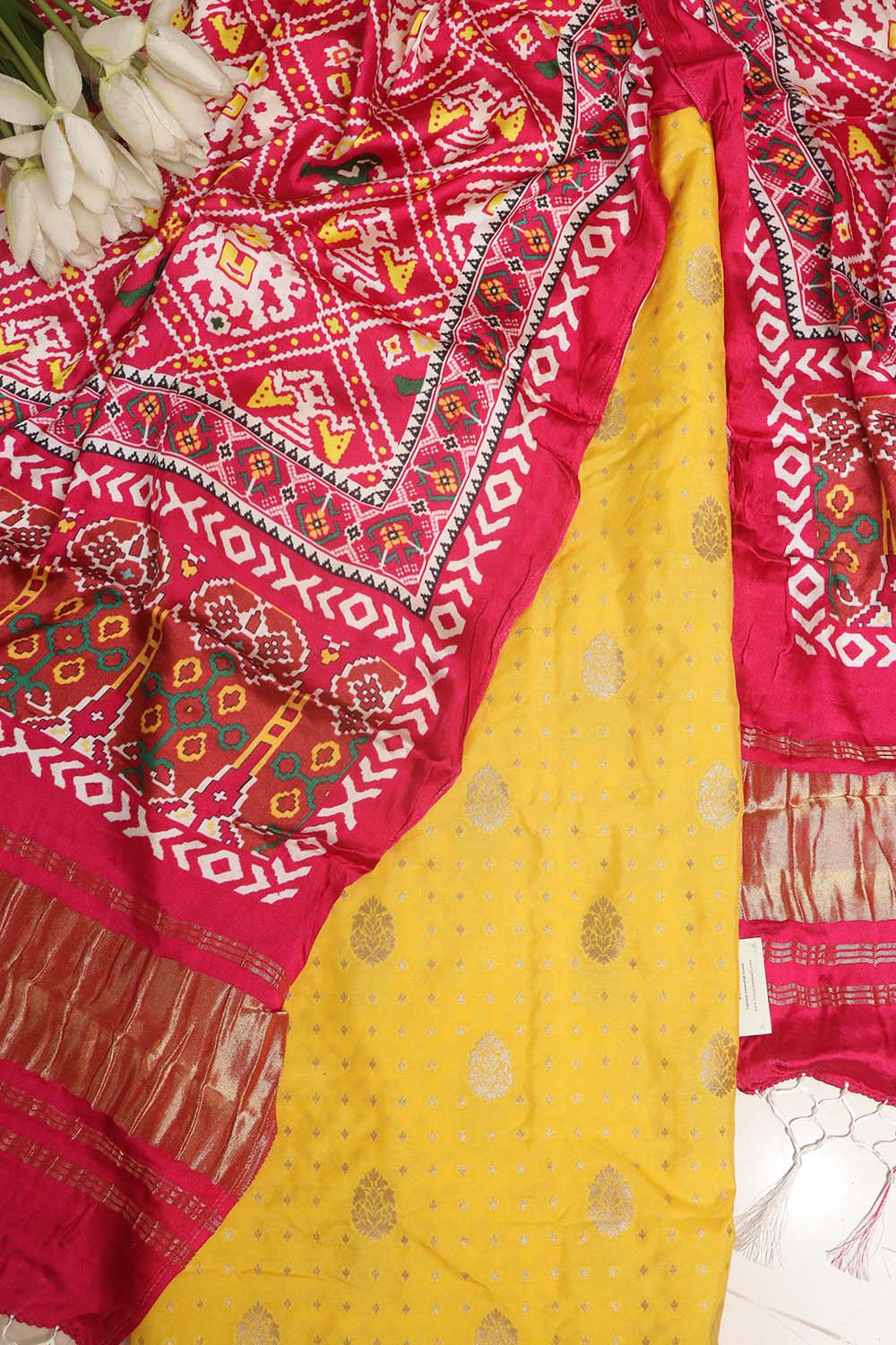 Yellow Banarasi Silk Suit With Pink Digital Printed Patola Design Modal Silk Dupatta - Luxurion World