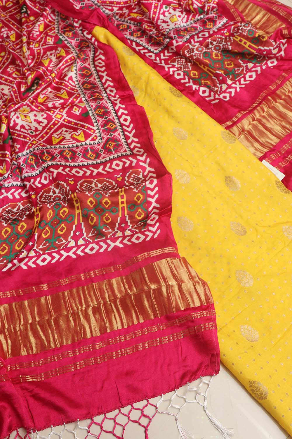 Yellow Banarasi Silk Suit With Pink Digital Printed Patola Design Modal Silk Dupatta - Luxurion World