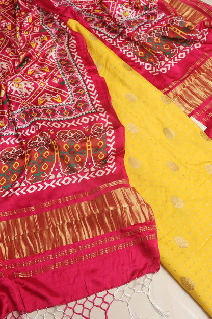 Yellow Banarasi Silk Suit With Pink Digital Printed Patola Design Modal Silk Dupatta - Luxurion World