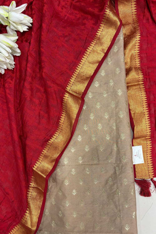 Pastel Banarasi Dupion Silk Suit With Banarasi Handloom Pure Moonga Silk Dupatta - Luxurion World