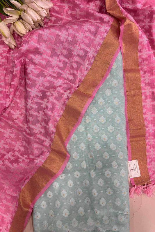 Blue Banarasi Cotton Suit With Banarasi Handloom Pure Moonga Silk Dupatta - Luxurion World