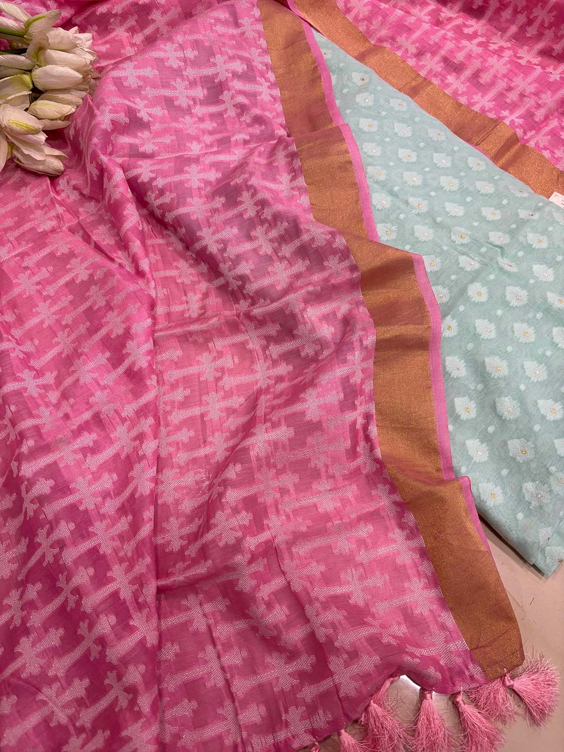 Blue Banarasi Cotton Suit With Banarasi Handloom Pure Moonga Silk Dupatta - Luxurion World