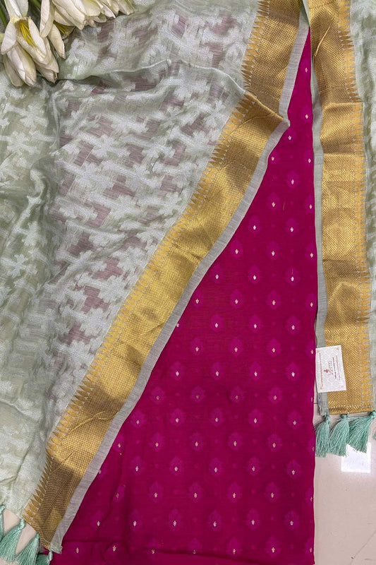 Pink Banarasi Cotton Suit With Banarasi Handloom Pure Moonga Silk Dupatta - Luxurion World