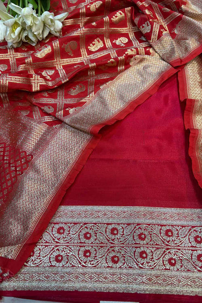 Red Banarasi Mashru Silk Flower Design Suit With Red Banarasi Silk Elephant And Peacock Design Dupatta - Luxurion World