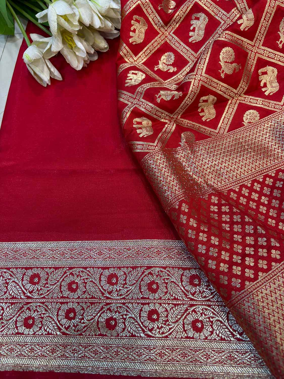 Red Banarasi Mashru Silk Flower Design Suit With Red Banarasi Silk Elephant And Peacock Design Dupatta - Luxurion World