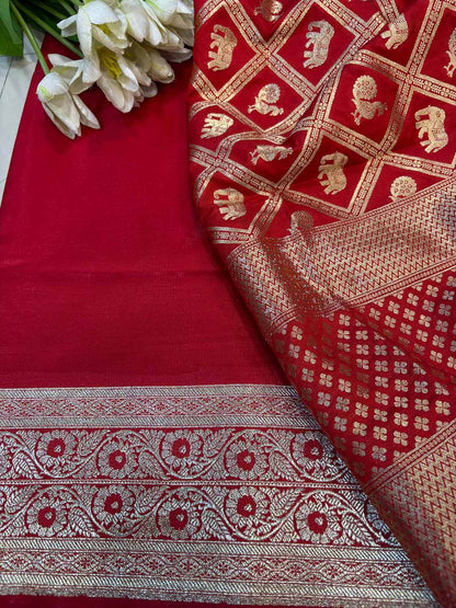 Red Banarasi Mashru Silk Flower Design Suit With Red Banarasi Silk Elephant And Peacock Design Dupatta - Luxurion World