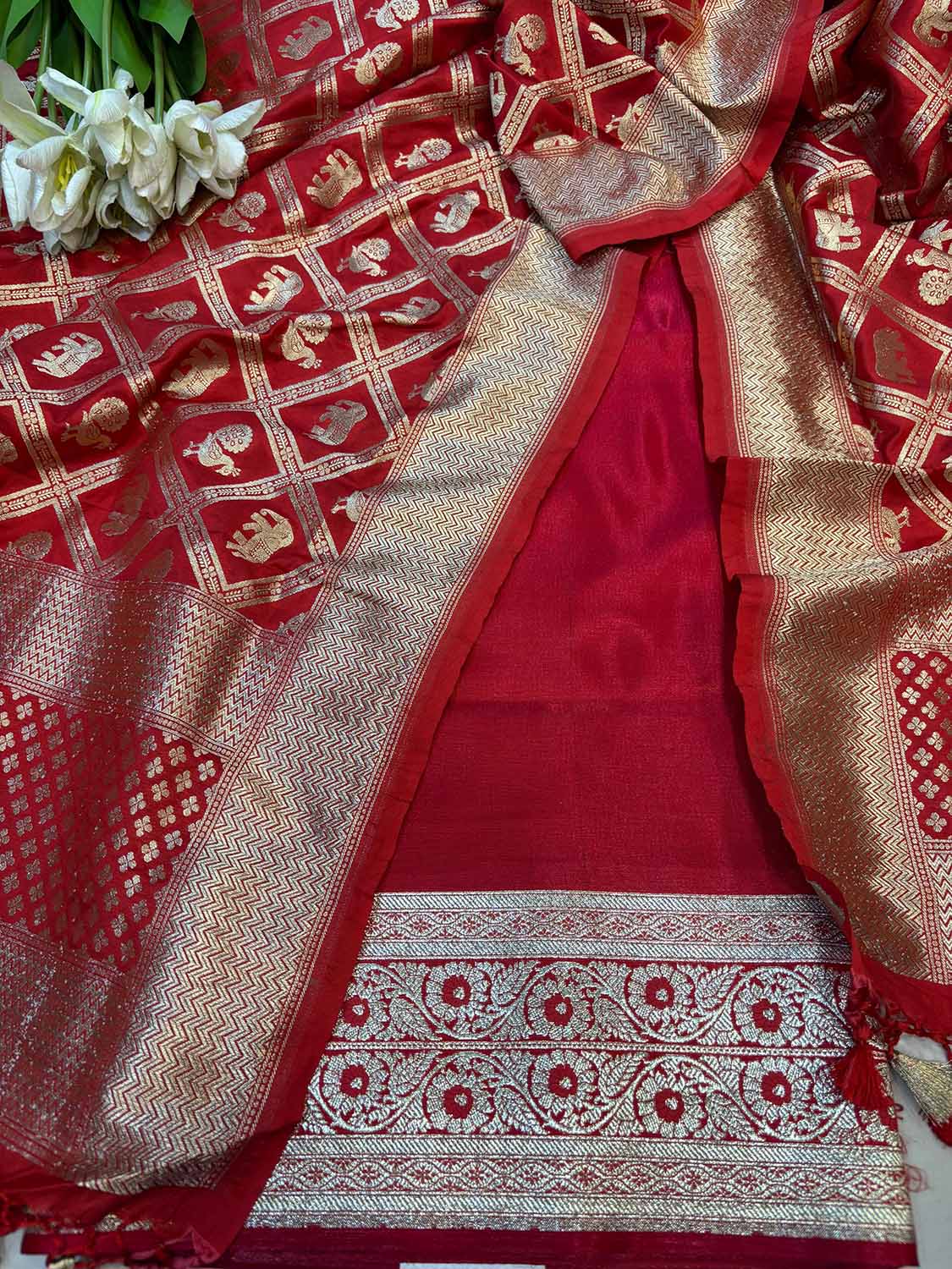 Red Banarasi Mashru Silk Flower Design Suit With Red Banarasi Silk Elephant And Peacock Design Dupatta - Luxurion World