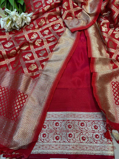 Red Banarasi Mashru Silk Flower Design Suit With Red Banarasi Silk Elephant And Peacock Design Dupatta - Luxurion World