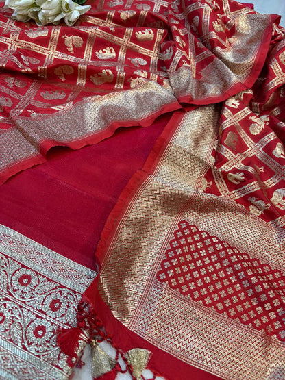 Red Banarasi Mashru Silk Flower Design Suit With Red Banarasi Silk Elephant And Peacock Design Dupatta - Luxurion World