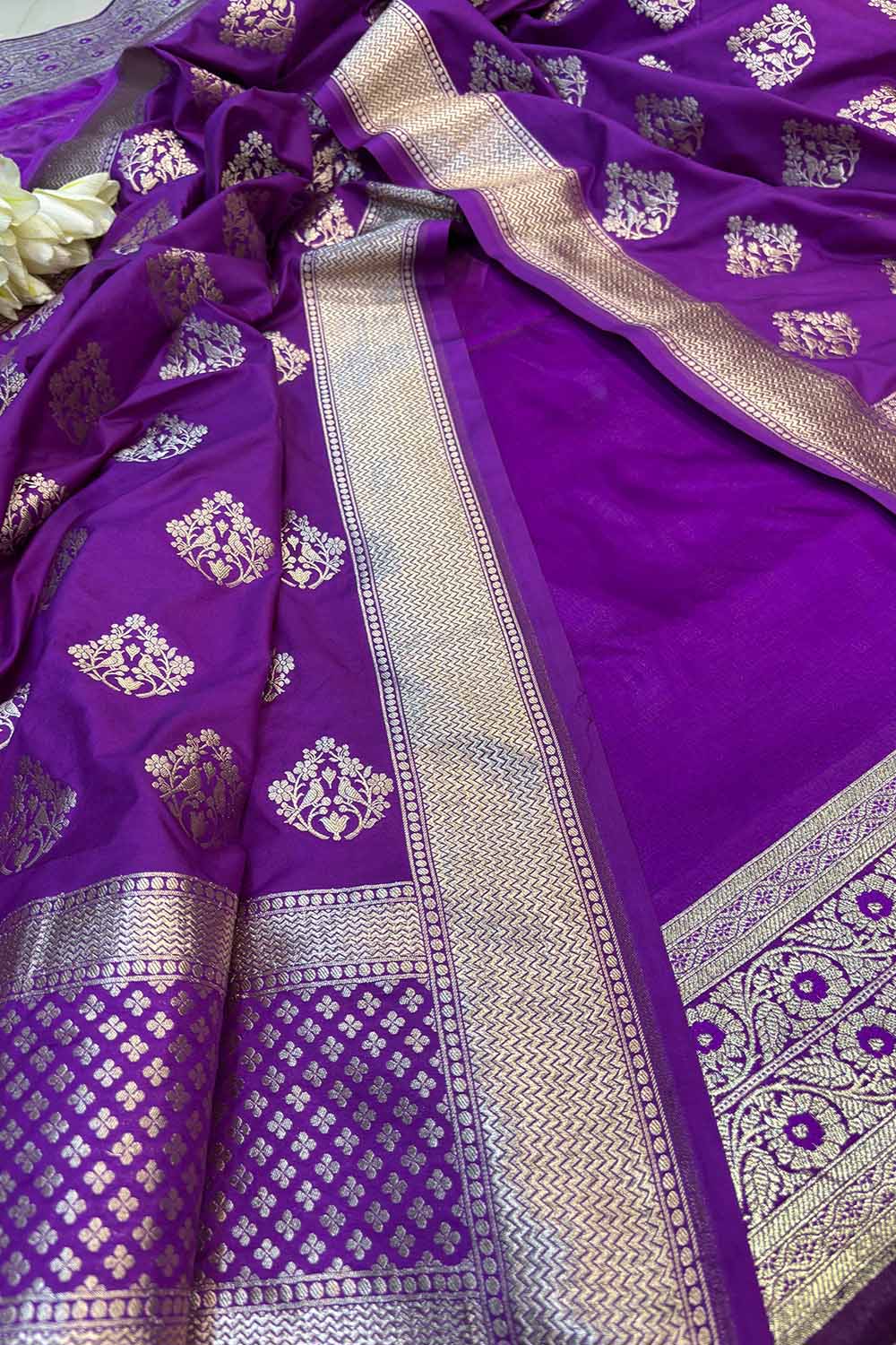 Purple Banarasi Mashru Silk Flower Design Suit With Purple Banarasi Silk Dupatta - Luxurion World
