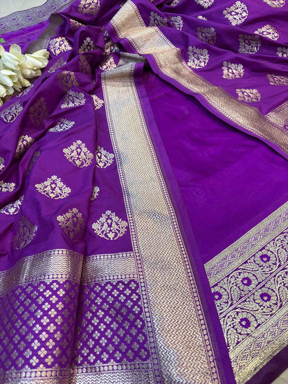 Purple Banarasi Mashru Silk Flower Design Suit With Purple Banarasi Silk Dupatta - Luxurion World