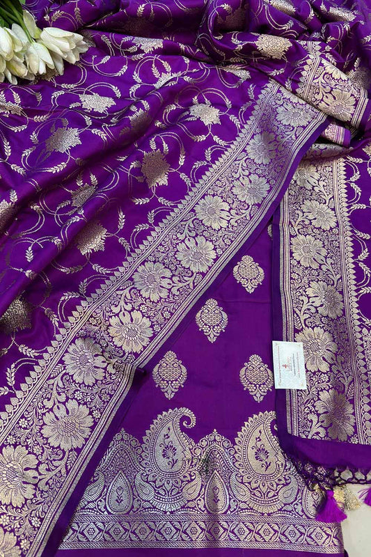 Purple Banarasi Mashru Silk Paisley Design Three Piece Unstitched Suit Set - Luxurion World
