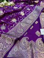 Purple Banarasi Mashru Silk Paisley Design Three Piece Unstitched Suit Set - Luxurion World