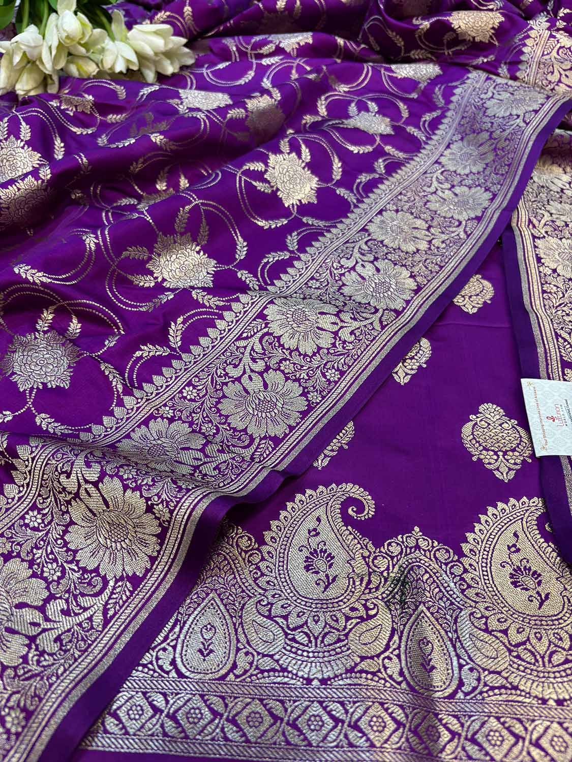 Purple Banarasi Mashru Silk Paisley Design Three Piece Unstitched Suit Set - Luxurion World