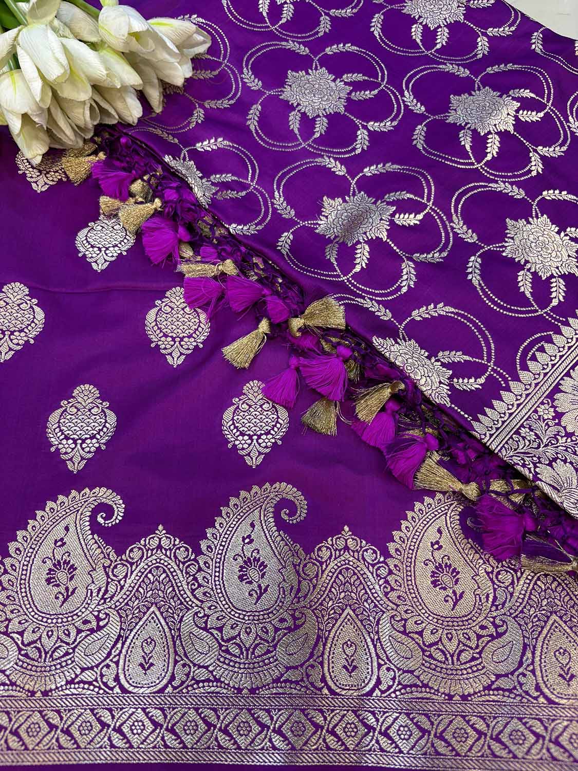 Purple Banarasi Mashru Silk Paisley Design Three Piece Unstitched Suit Set - Luxurion World