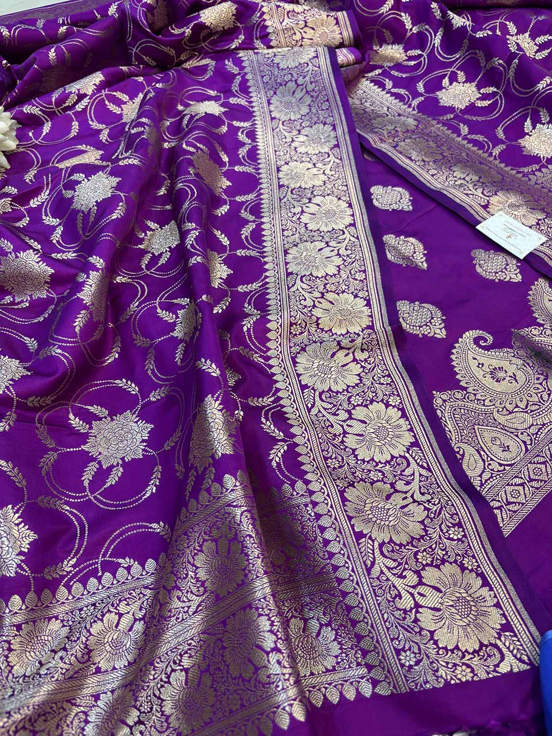 Purple Banarasi Mashru Silk Paisley Design Three Piece Unstitched Suit Set - Luxurion World
