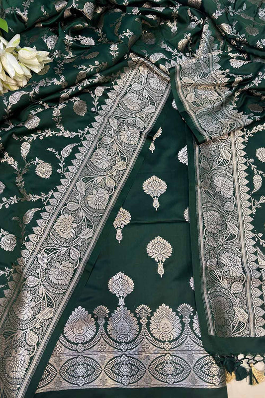 Green Banarasi Mashru Silk Flower Design Three Piece Unstitched Suit Set - Luxurion World