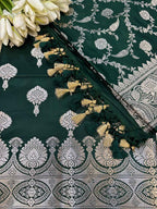 Green Banarasi Mashru Silk Flower Design Three Piece Unstitched Suit Set - Luxurion World