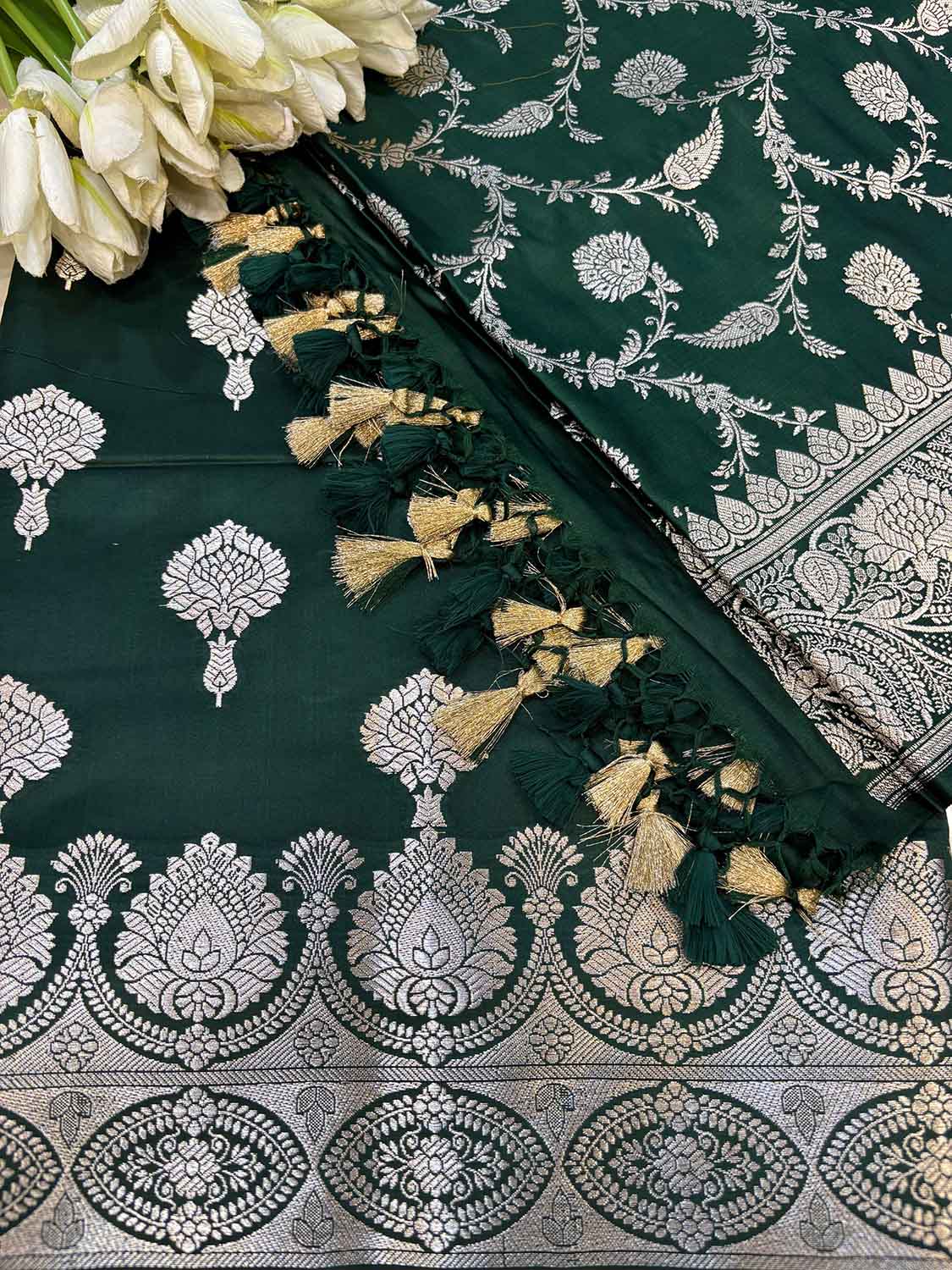 Green Banarasi Mashru Silk Flower Design Three Piece Unstitched Suit Set - Luxurion World