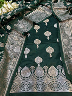 Green Banarasi Mashru Silk Flower Design Three Piece Unstitched Suit Set - Luxurion World