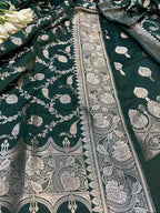 Green Banarasi Mashru Silk Flower Design Three Piece Unstitched Suit Set - Luxurion World