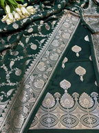 Green Banarasi Mashru Silk Flower Design Three Piece Unstitched Suit Set - Luxurion World