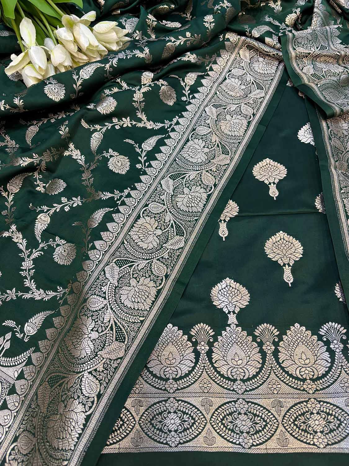 Green Banarasi Mashru Silk Flower Design Three Piece Unstitched Suit Set - Luxurion World