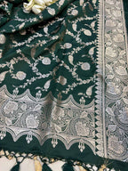 Green Banarasi Mashru Silk Flower Design Three Piece Unstitched Suit Set - Luxurion World