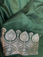 Green Banarasi Mashru Silk Flower Design Three Piece Unstitched Suit Set - Luxurion World