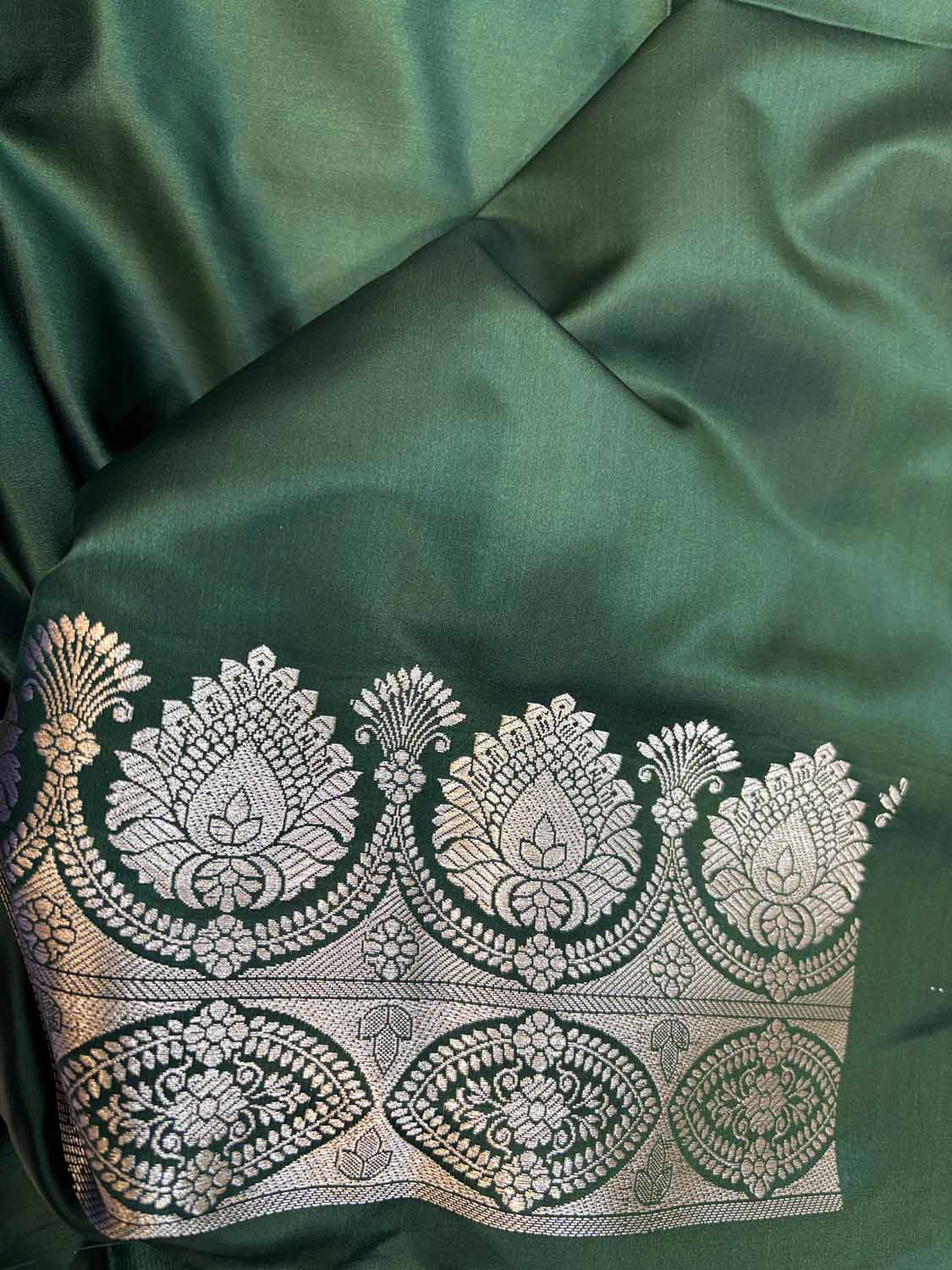 Green Banarasi Mashru Silk Flower Design Three Piece Unstitched Suit Set - Luxurion World