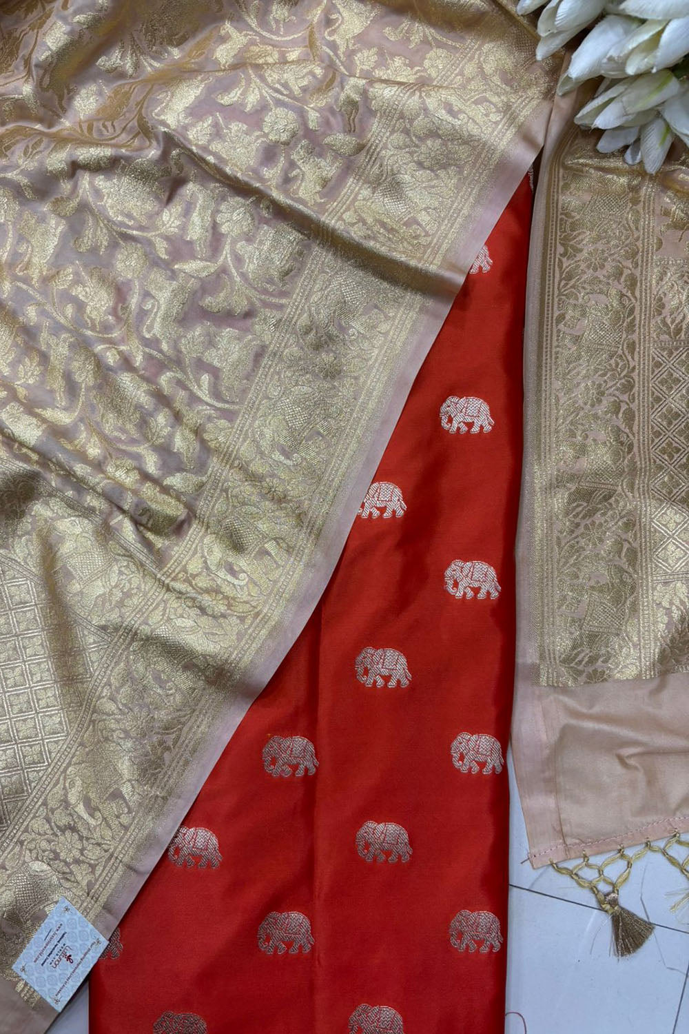 Orange Banarasi Mashru Silk Elephant Design Suit With Pastel Banarasi Silk Shikargah Dupatta - Luxurion World